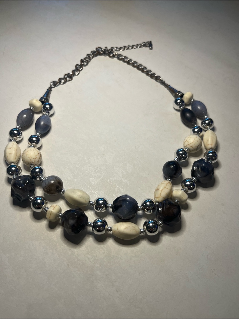 Double Strand Beaded Necklace in Blue and Cream